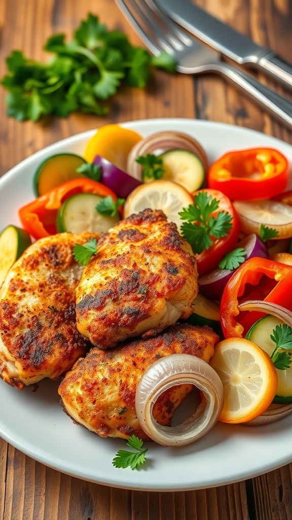 Air-fried chicken and vegetables on a plate, garnished with parsley, on a rustic table.